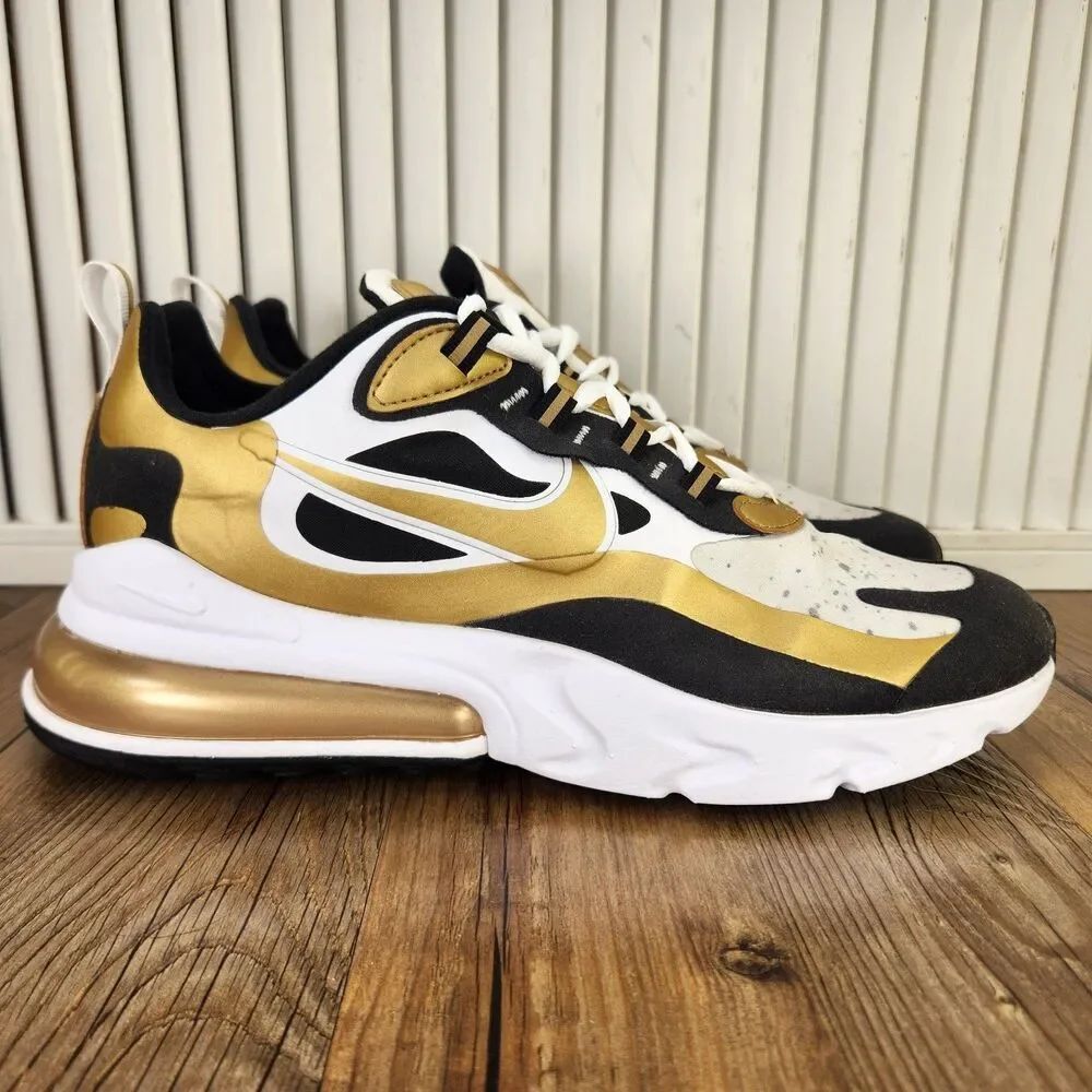 Nike Air Max 270 React Metallic Gold Running Shoes Mens Sz 9.5 White CW7298-100